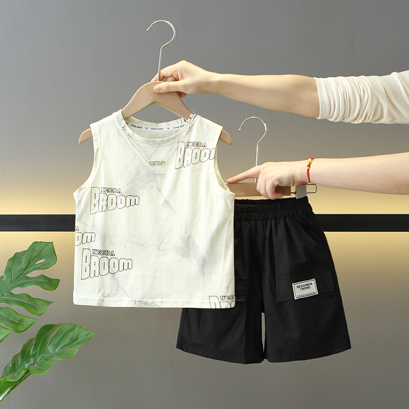7910 traje de chaleco de verano para niños 2025 nueva ropa de bebé de dos piezas sin mangas delgadas de verano para niños de moda