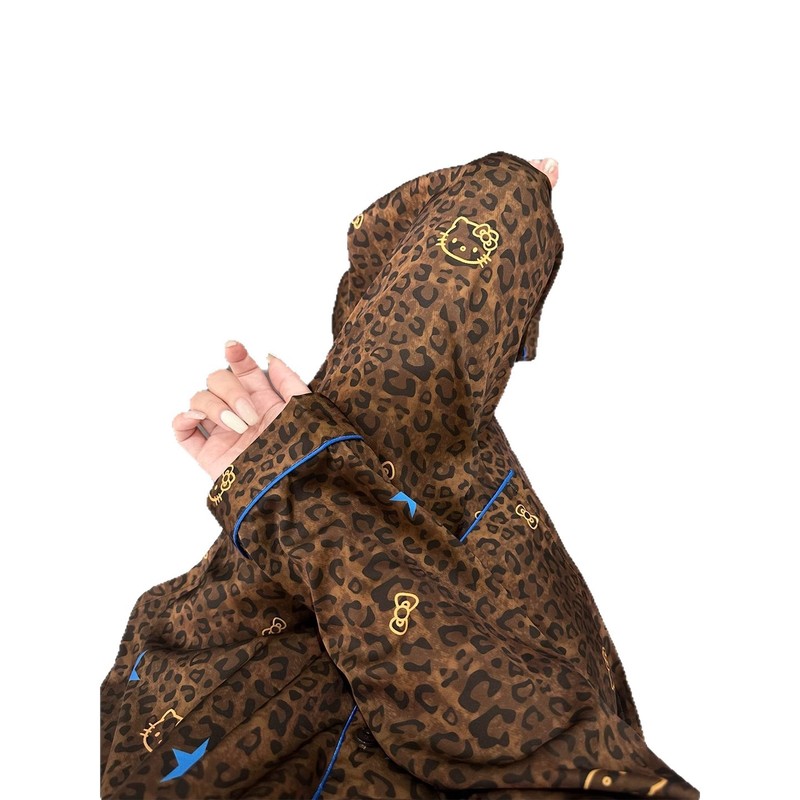 老钱风豹纹拼接凯蒂猫印花睡衣女云朵棉春秋家居服套装可外穿|undefined