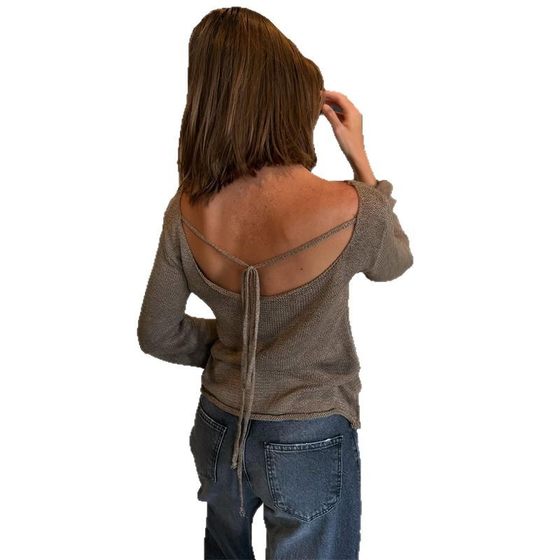 European and American cross-border women's clothing 2025 spring new temperament off-shoulder design backless strap long sleeve knitted top