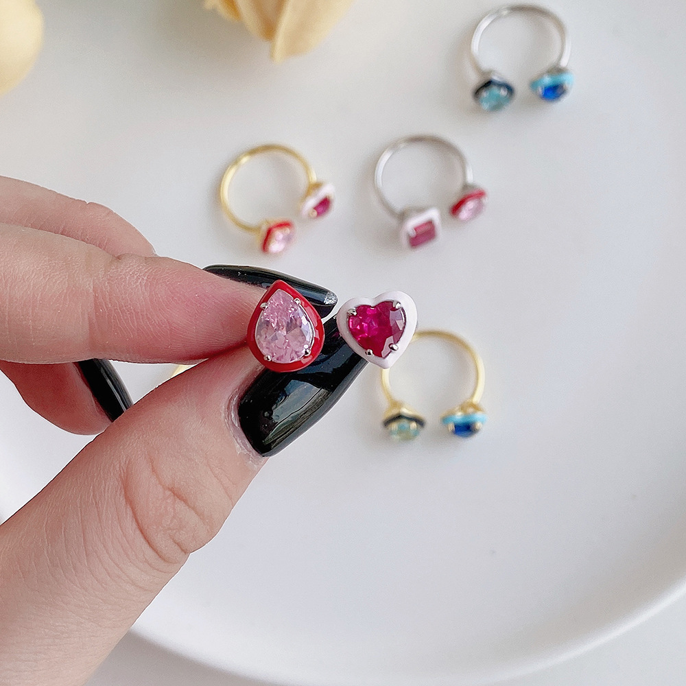 Fashion Water Droplets Heart Shape Sterling Silver Plating Inlay Zircon Open Ring 1 Piece