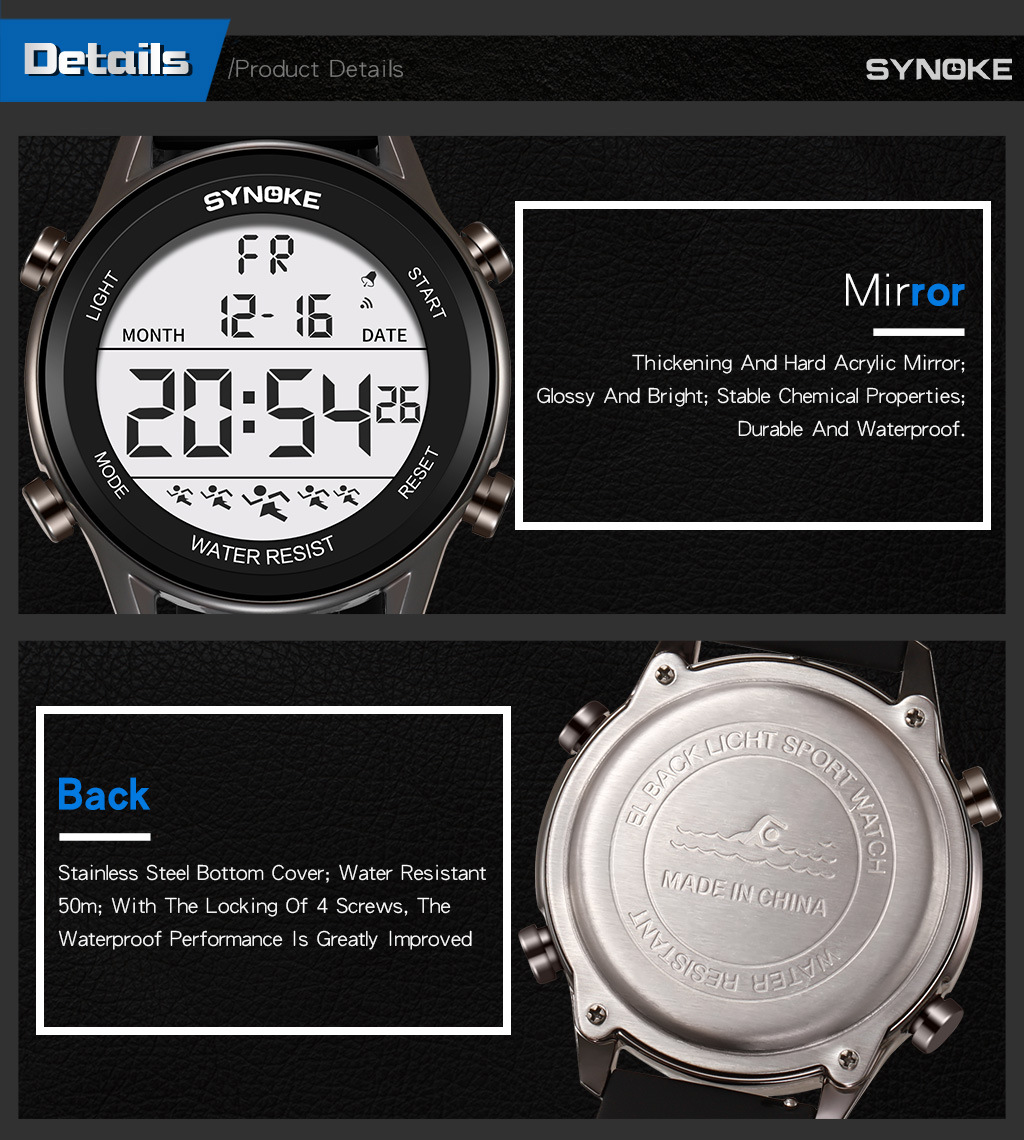 SYNOKE Men's Sports Silicone Electronic Watch Waterproof Luminous Large Screen Outdoor Mountaineering Watch Running Student Fashion_voghion.com