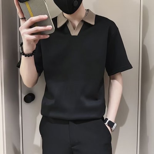Selected High-End Men's Summer Trend Brand Pimp Style Splicing V-Neck 2024 New Arrival Men's Summer Half-Sleeve Polo Shirt