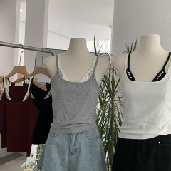 欧瑪莱のギャルの夏の復古の偽の2つのキャミソールのリベットは色の短い袖なしの上着の女性の3182にぶつかります。