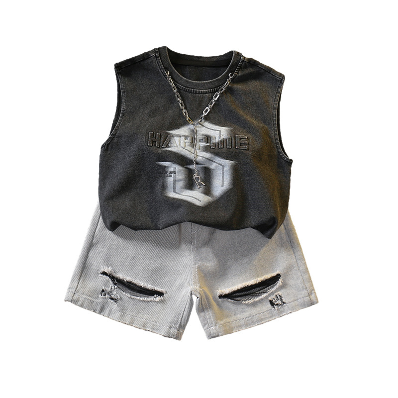 7338 Traje de verano para niños 2025 Nuevo chaleco sin mangas de estilo occidental para niños Verano delgado Versión coreana de dos piezas Verano