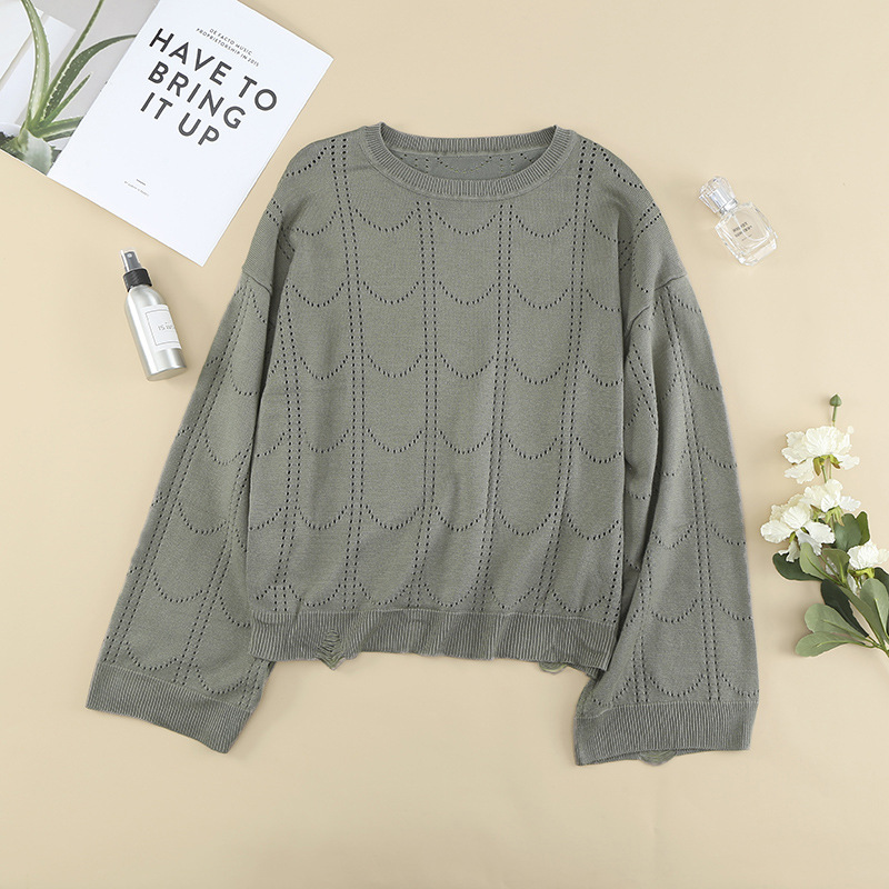 时颖欧美纯色毛衣女春秋新款亚马逊纯色圆领喇叭袖镂空针织上衣女