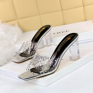 6016-2 han edition fashion summer with square head peep-toe transparent crystal with high transparent word diamond cool 