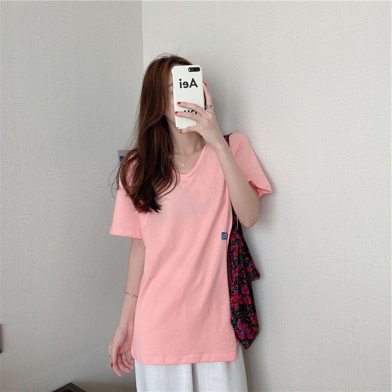 스플릿 V-넥 쇼트 슬리브 티셔츠 여성의 2022 년 새로운 느슨한 인터넷 연예인 프라이드 스트리트 불규칙한 디자인 탑