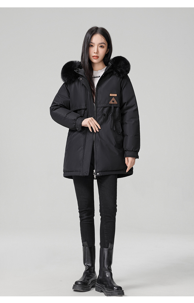 2024 foreign trade overcomes women's winter new Korean version waist cinching slimming hooded big fur collar cotton_voghion.com