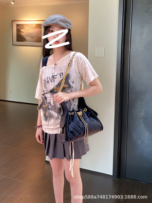 小香风25C中古水桶包女时尚真皮菱格链条流浪包大容量单肩托特包|undefined