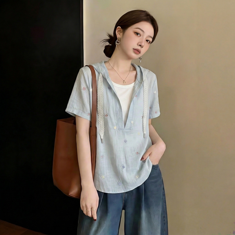 Áo sơ mi ngắn tay phối mũ trùm dáng rộng che bụng cho nữ size lớn — xanh lam chi tiết 2