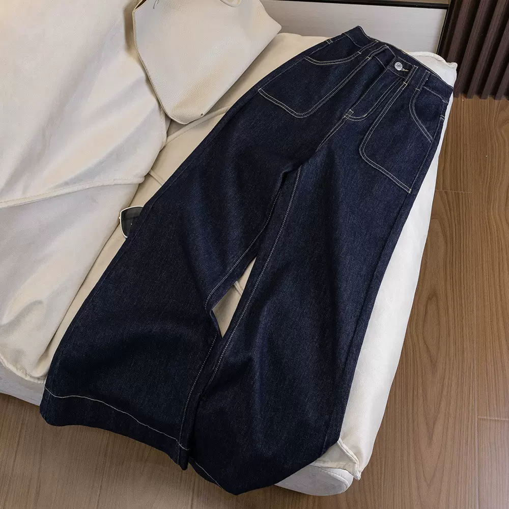 860微喇叭高腰牛仔裤女2024冬季加绒加厚复古宽松显瘦百搭直筒裤