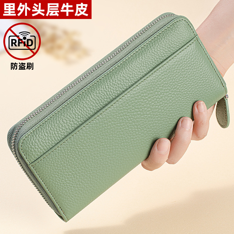Ví cầm tay nữ da bò dạng phong cầm khóa kéo dài nhiều ngăn thẻ dung tích lớn — Xanh lá (Da bò thật trong ngoài), Đen (Da bò thật trong ngoài), Trắng kem (Da bò thật trong ngoài), Xanh dương (Da bò thật trong ngoài)
