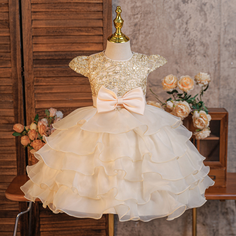 Vestido de niños pastel de arco bordado pequeño anfitrión oganza vestido de boda de chicas