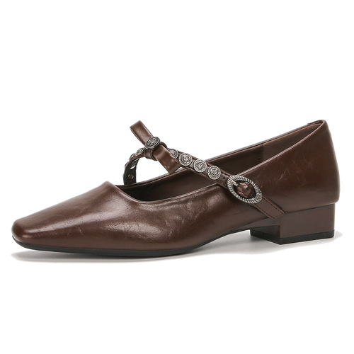 H8563-9 single-layer shoes, women's bow and buckle, thick heels, Mary Jane commuting temperament, women's shoes, square head, retro