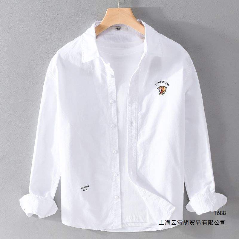 2026 Men's Autumn Casual Shirt with Little Tiger Embroidery, White Versatile Simple Trendy Shirt