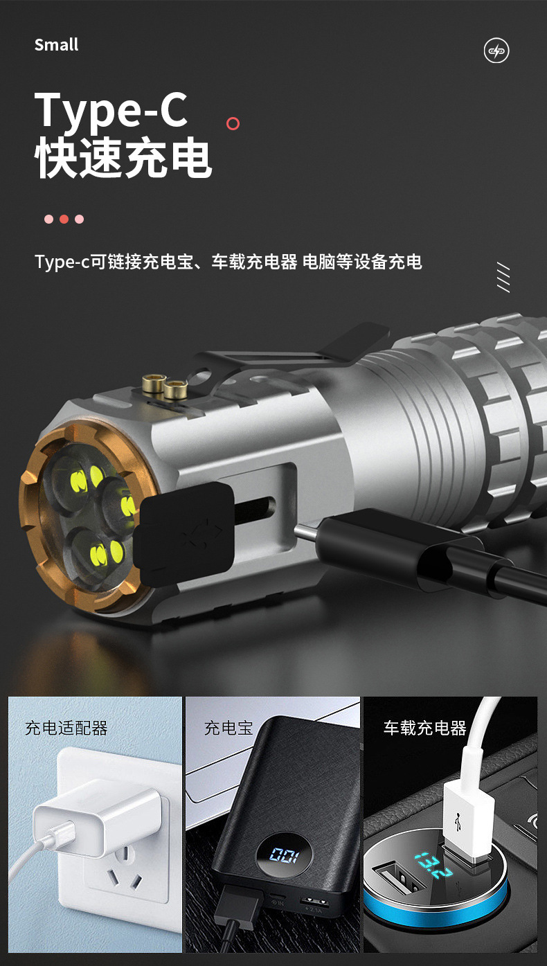 Aluminum Alloy Flashlight with Three Eyes, Ultra-Bright, Long-Range, Outdoor, Rechargeable, Zoomable, Mini Camping Style