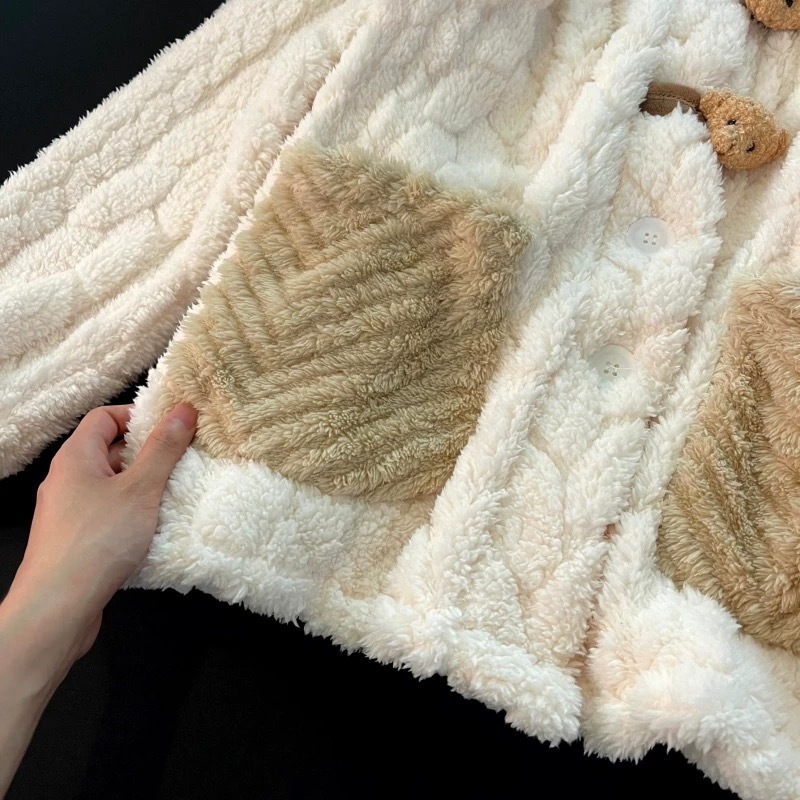 가을 겨울 여성 잠옷, 고급스러운 산호 벨벳 가디건, 울리스 플란넬, 따뜻한 플러스 벨벳 및 두꺼운 여성 가정복