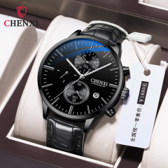 Morning Glow Multifunction Men's Calendar Black Leather Strap Three-Pointer Six-Hour Waterproof Night Light Timing Quartz Watch