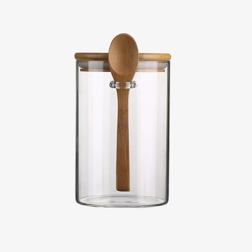Kitchen household spice storage jar with lid, transparent glass wooden lid, sealed Japanese-style coffee bean storage jar with spoon