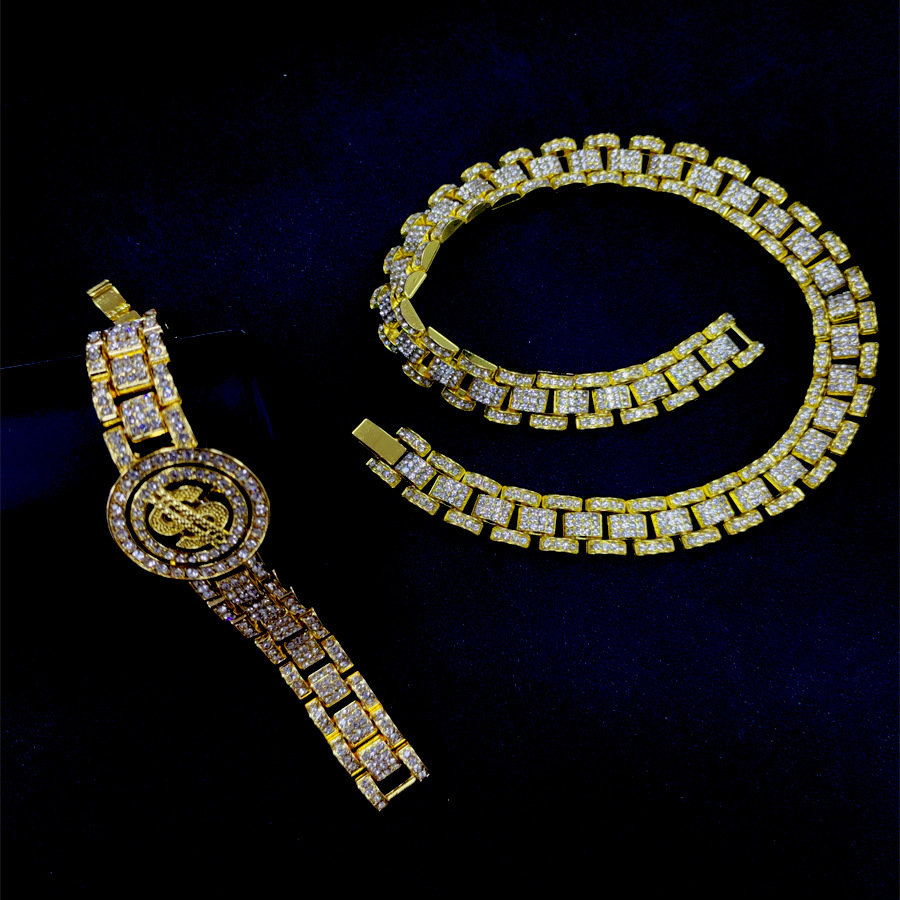 Men's Full Diamond 16MM Tank Chain Rotating Dollar Bracelet Necklace Set Hip Hop Fashion Jewelry_voghion.com