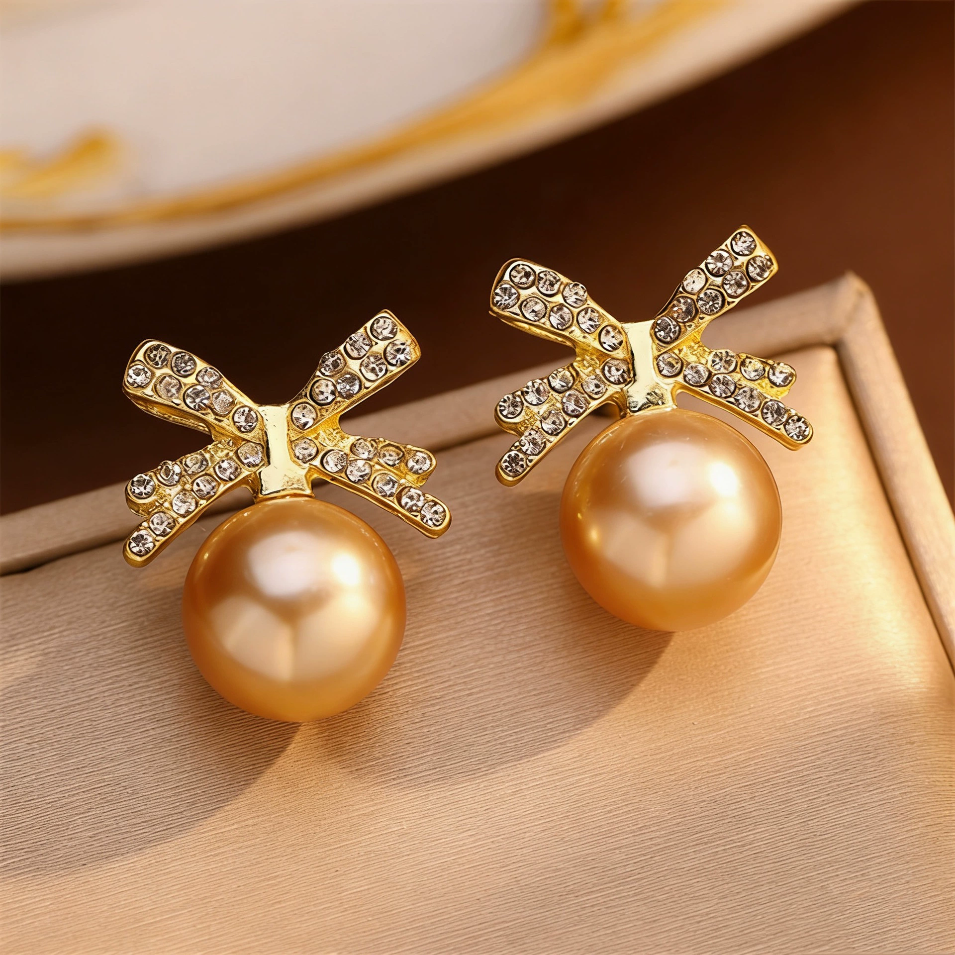 Pearl bow earrings, Japanese‑Korean style, rhinestone‑encrusted, lightweight 0.01 kg
