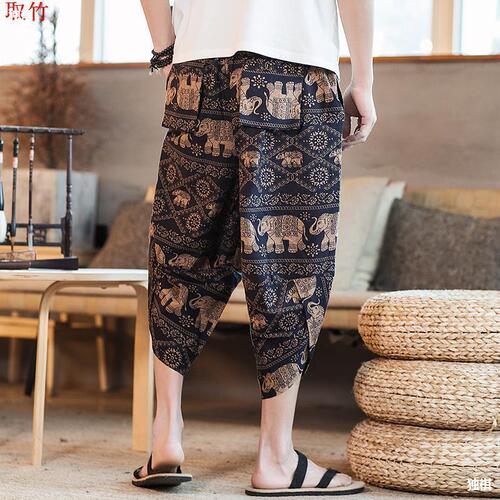 Summer Thailand Elephant Wide-Leg Pants Linen Shorts Flower Pants Lantern Pants Beach Pants 97% Pants Plus Size Men's Clothing