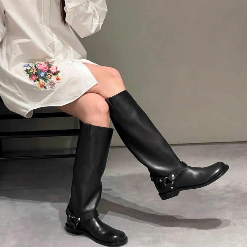 牛皮版~洋气工装风真皮不过膝长靴高筒骑士靴女秋冬新款长筒靴子|undefined