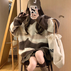 2025韩版撞色条纹毛衣女春秋冬款慵懒风设计宽松软糯长袖针织上衣