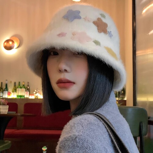 Japanese-style cute star plush fisherman hat for women, autumn and winter, face-slimming, ear-protecting, warm, bucket hat, Korean version, white hat