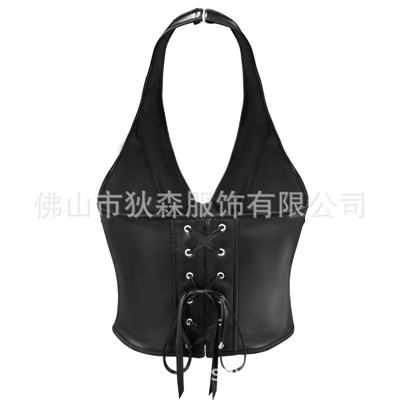 Nuevo estilo top moldeador de cuerpo color sólido corsé de hueso de pescado moda mujer sexy gancho de cuello de piel de pu y chaleco con hebilla