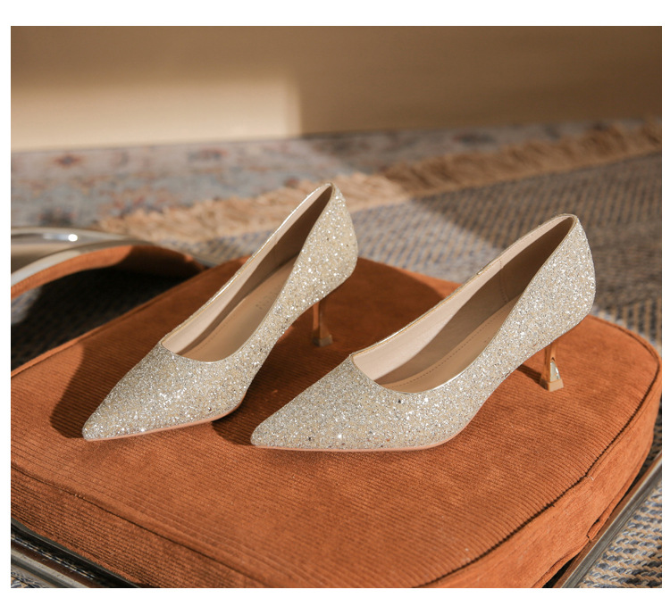 Giày cao gót mũi nhọn sequin lấp lánh CG6018 – miệng nông, gót nhọn — Màu Sâm panh chi tiết 23