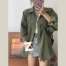 绿色长袖衬衫女早秋2025新款小个子开衫设计感小众宽松复古衬衣