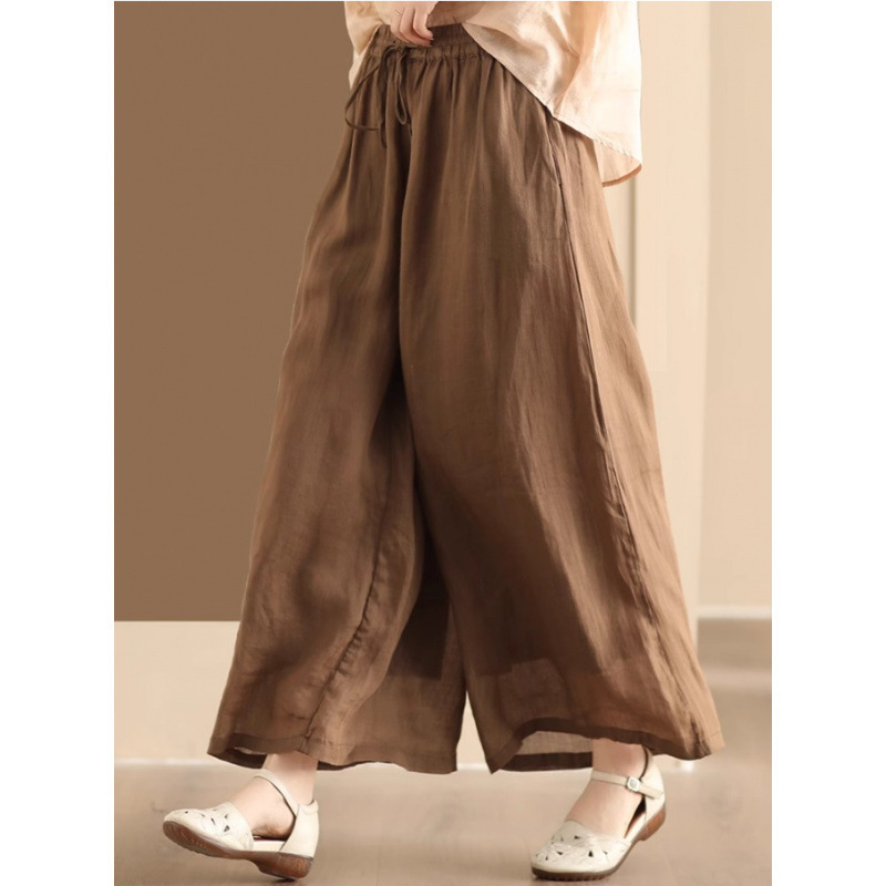 Cotton and Linen Double-Lined Wide-Leg Pants for Women 2025 Summer High-Waisted Draped Culottes Pure Color Thin Straight Pants Nine-Point Pants
