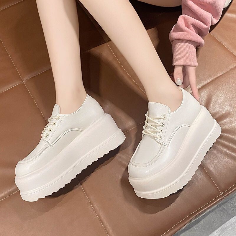 European Style Thick-Soled 8cm Height-Increasing White Retro Leather Shoes Casual Lace-Up Versatile British Style Loafers
