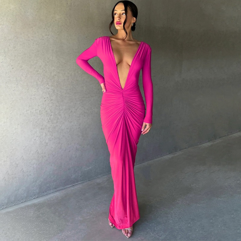 European and American sexy women's winter two-way evening dress pleated long sleeve backless long socialite temperament dress European and American sexy women's winter two-way evening dress pleated long sleeve backless long socialite temperament dress