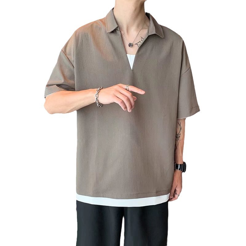 Camisa de polo casual japonesa simple de verano suelta, estilo de Hong Kong para hombres, solapa de manga corta para estudiantes, camiseta de estilo Harajuku, tendencia