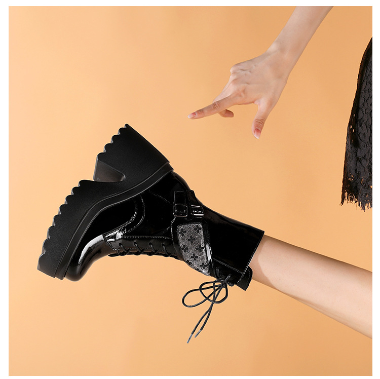 Boot nữ cổ ngắn phong cách Anh quốc, gót vuông 10cm, đế platform, khóa kéo bên hông — Lót nhung đen chi tiết 4