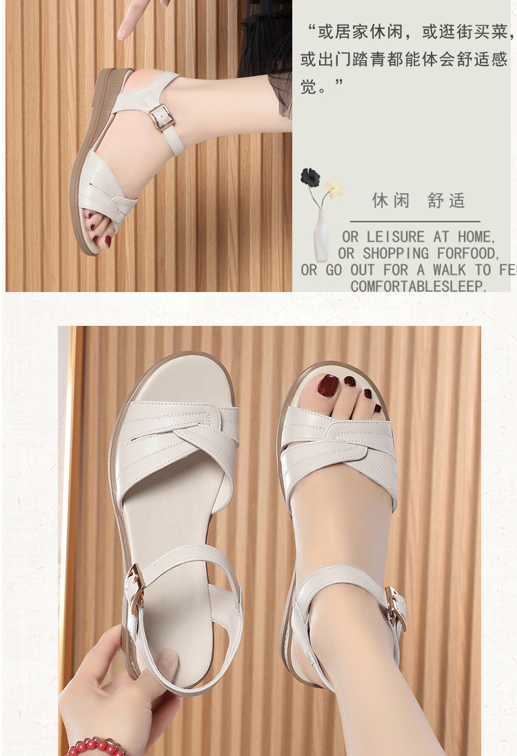 Sandal da bò đế bằng cho nữ trung niên, đế mềm chống trơn mùa hè — Màu be chi tiết 14
