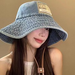 日系贴布牛仔渔夫帽女复古水洗做旧大帽檐盆帽显脸小遮阳帽子