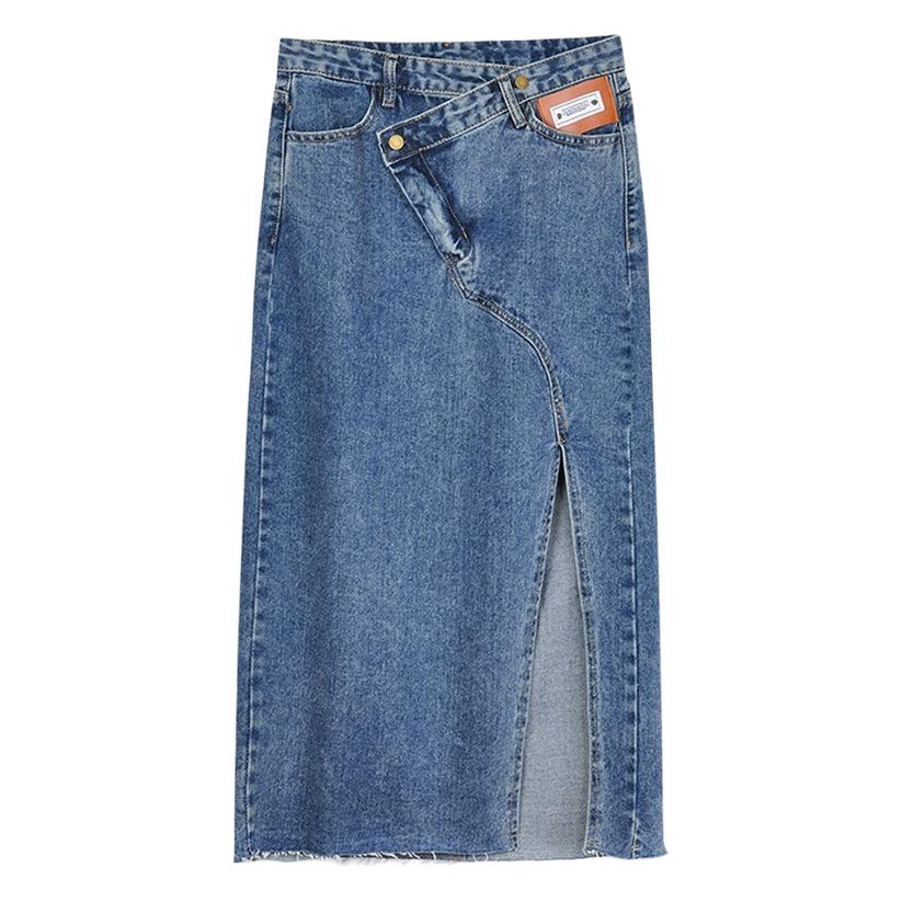 Женская джинсовая юбка больших размеров с высокой талией и разрезом, осенняя юбка средней длины в новом стиле с круглой сестрой A- line, уменьшающая возраст
