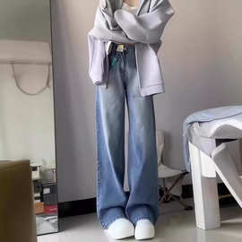 水洗裂纹牛仔裤女春季新款设计感高腰宽松阔腿显瘦直筒拖地裤子潮