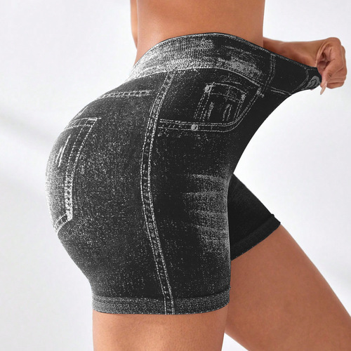 Mu Yao European and American imitation denim seamless yoga shorts women's rear V waist lifting hip tight running sports fitness pants
