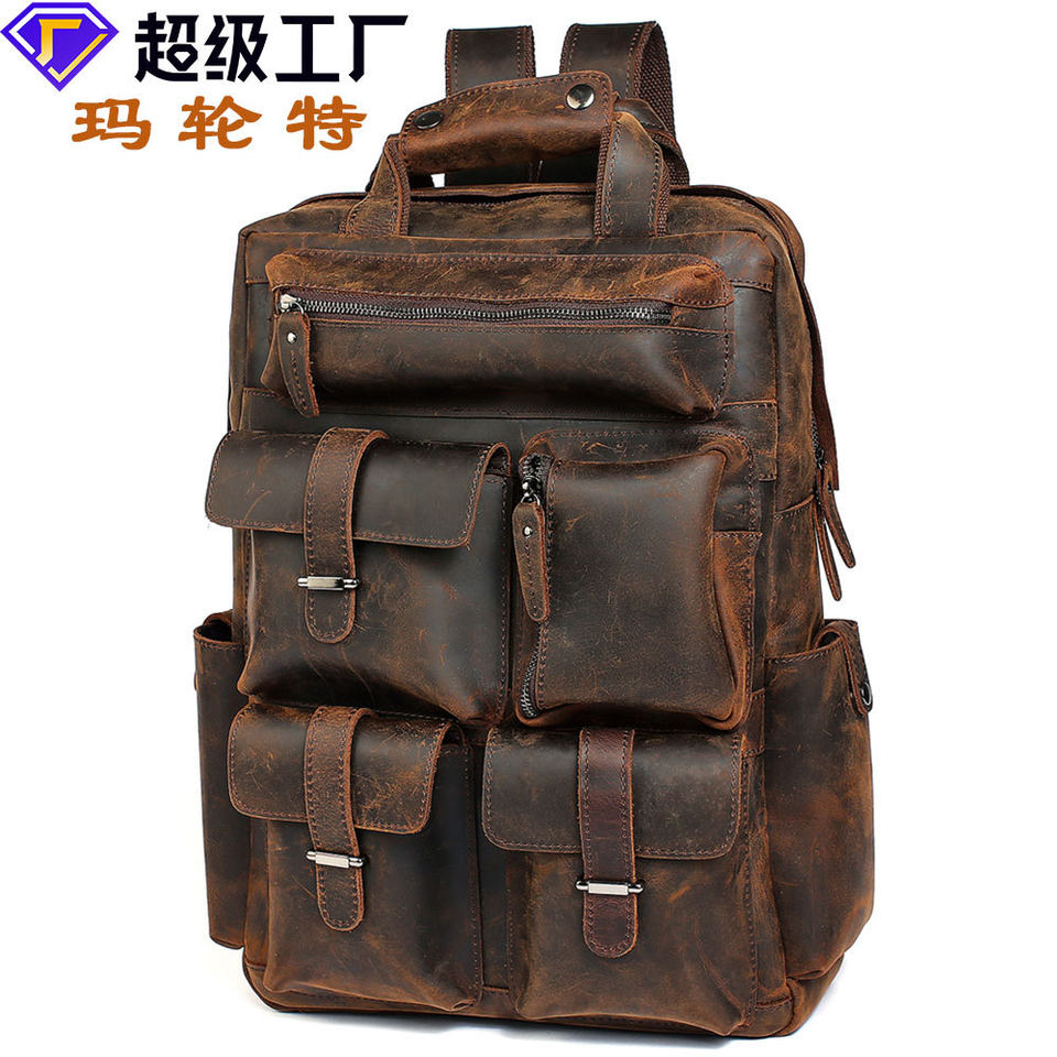 Ba lô nam da bò thật da ngựa điên cổ điển, ngăn máy tính 17 inch, du lịch ngoài trời dung tích lớn — 5009 màu nâu (lưới ở mặt sau), 5009 màu nâu, cà phê 5009, Cà phê đậm 5008