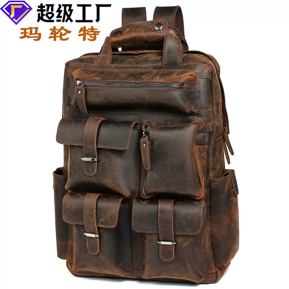 双肩包复古疯马真皮男包欧美男士大容量户外旅行17寸电脑背包厂家