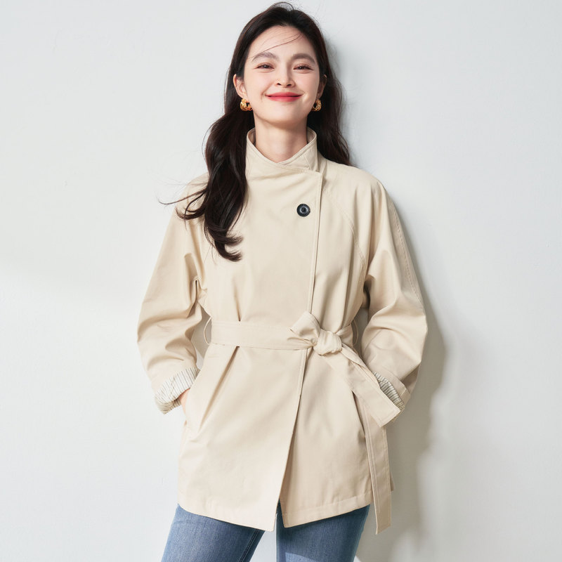 26 Spring Simple Row Style Stand Collar Trench Coat One Button British Style Casual Versatile Design Jacket 25073