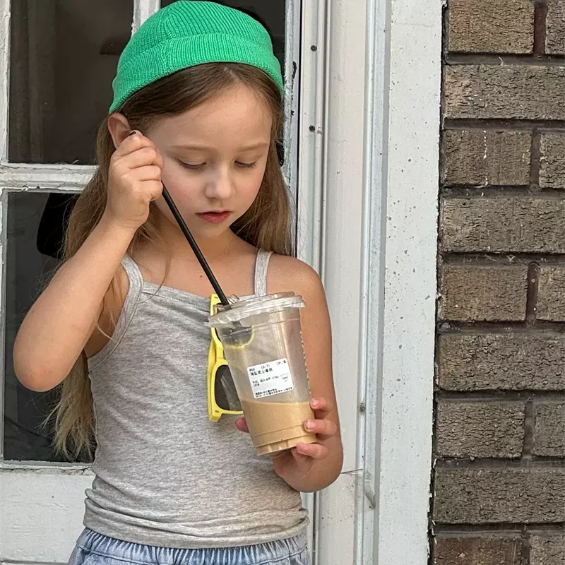 橙乐2024夏 韩版儿童刺绣字母吊带背心 男女童百搭背心