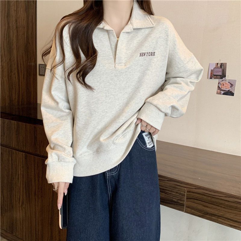 Cross-Border Real Shot Polo Collar Sweatshirt for Women Spring & Fall Thin Loose New Large Size Hong Kong Style Top Long-Sleeved Jacket Cross-Border Real Shot Polo Collar Sweatshirt for Women Spring & Fall Thin Loose New Large Size Hong Kong Style Top Long-Sleeved Jacket