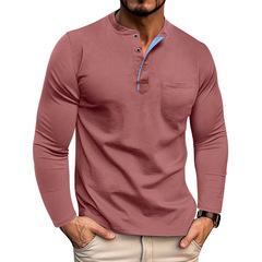 2025国境を越えたアマゾンの男性服の夏の丸首の色合わせの長袖のtシャツの欧米の大きいサイズの男性服のボタンのヘンリー