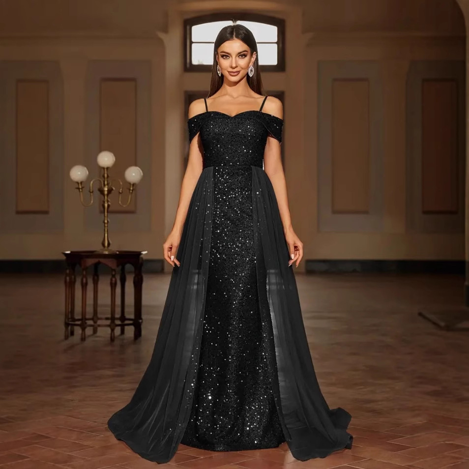 2025 European and American Sequin Suspender Mesh Splicing Retro Party Wedding Host Dress High-End Banquet Dress