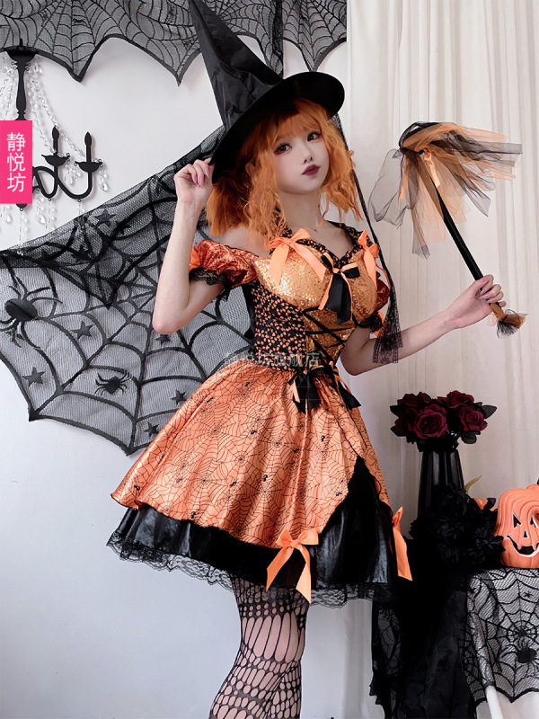 ハロウィーン成人服装魔女装仮装舞踏会cos演技服カボチャ魔女装コスプレワンピース|undefined